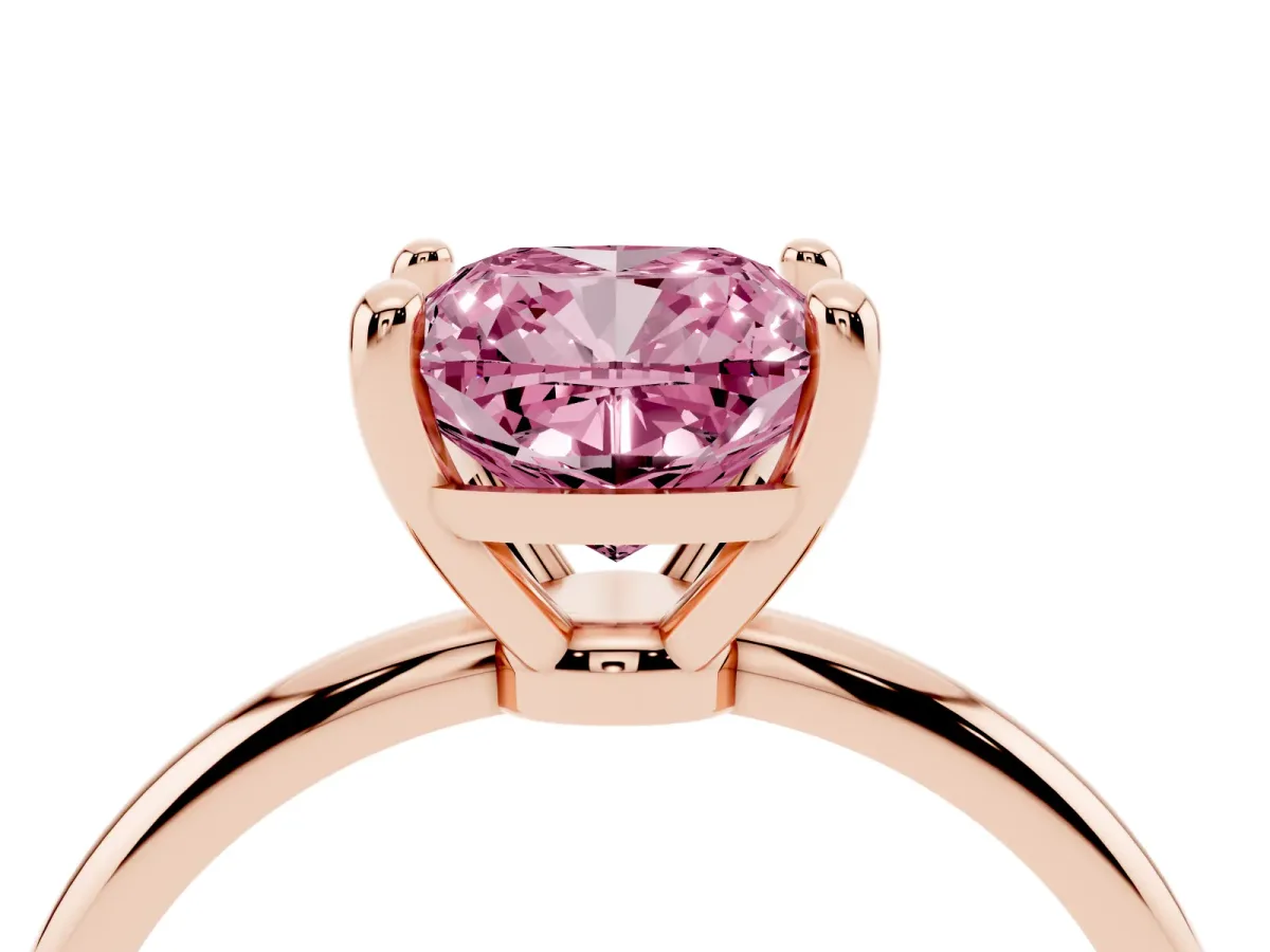 Fancy Pink Cushion Cut Solitaire Diamond Ring with 4-Prong Setting on a Classic Band Rose gold