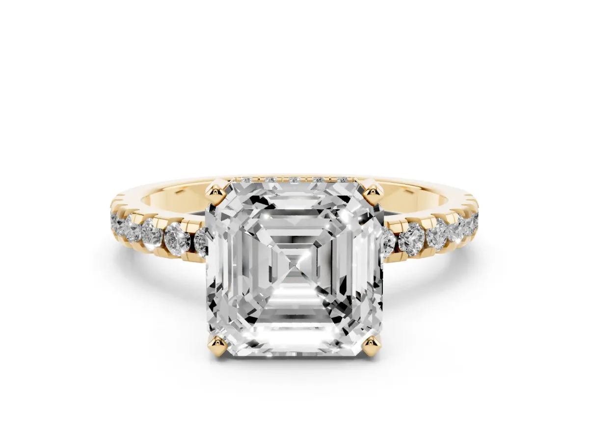 Asscher Cut Diamond Solitaire Ring with Round Pavé Band and Four-Prong Setting Yellow gold