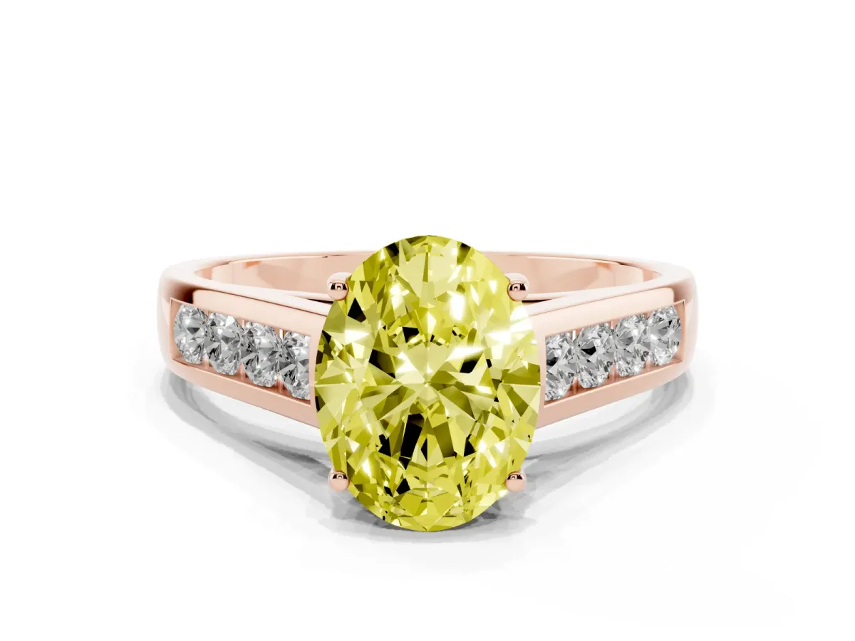 Fancy Yellow Oval Cut Brilliant Channel-Set Solitaire Ring with Four-Prong Setting Rose gold