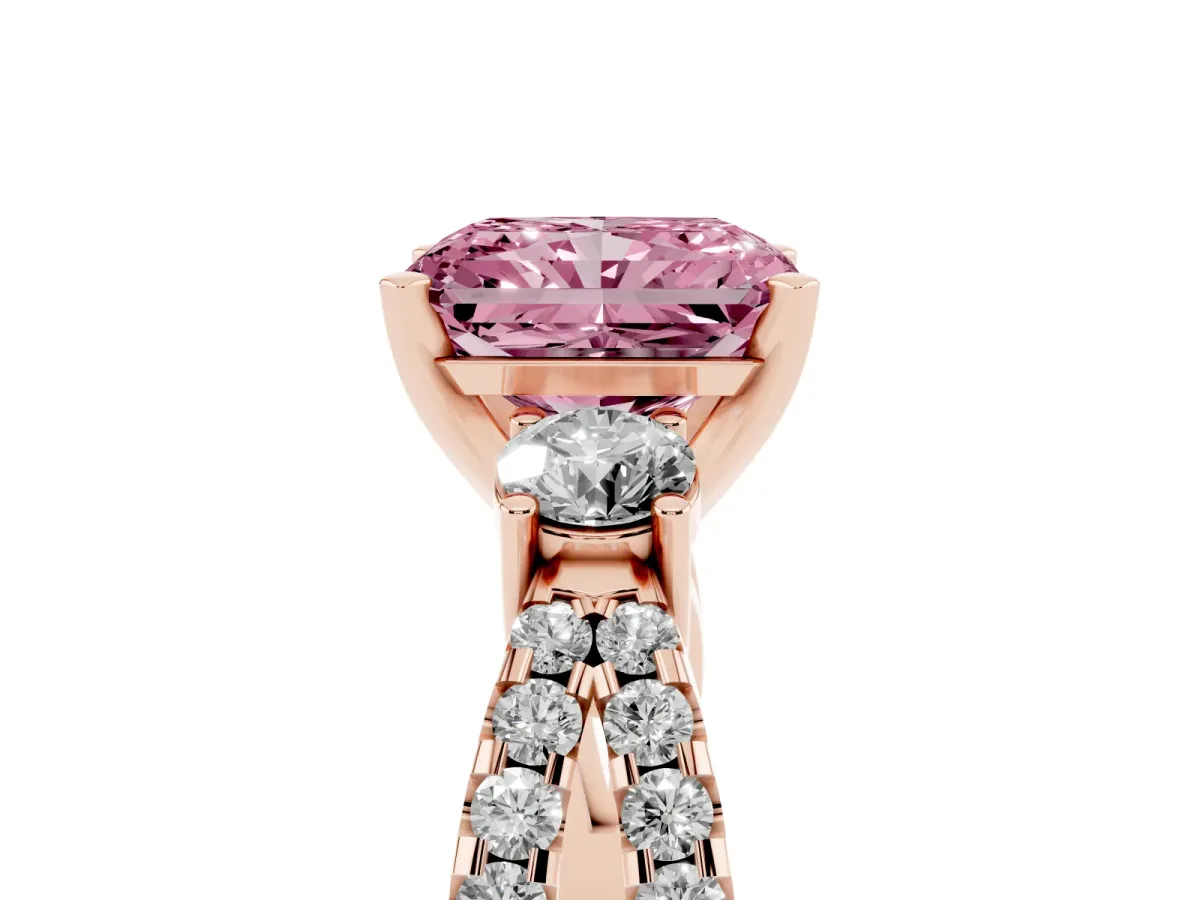 Fancy Pink Radiant Cut Diamond Three-Stone Ring with Pavé Split Shank and Four-Prong Setting Rose gold