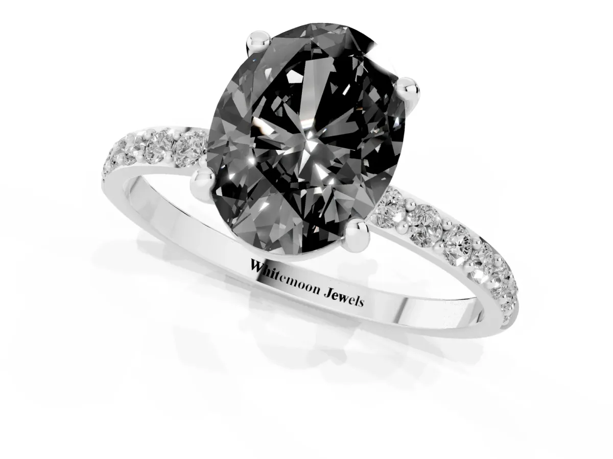 Fancy Black Oval Cut Diamond Solitaire Ring with Round Pavé Band and Prong Setting Silver