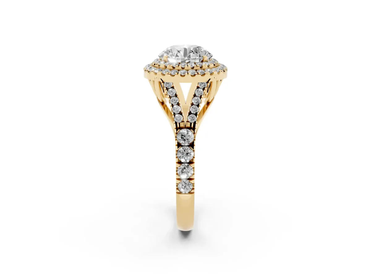Double Halo Round Cut Diamond Split Shank Engagement Ring with Four-Prong Setting Yellow gold