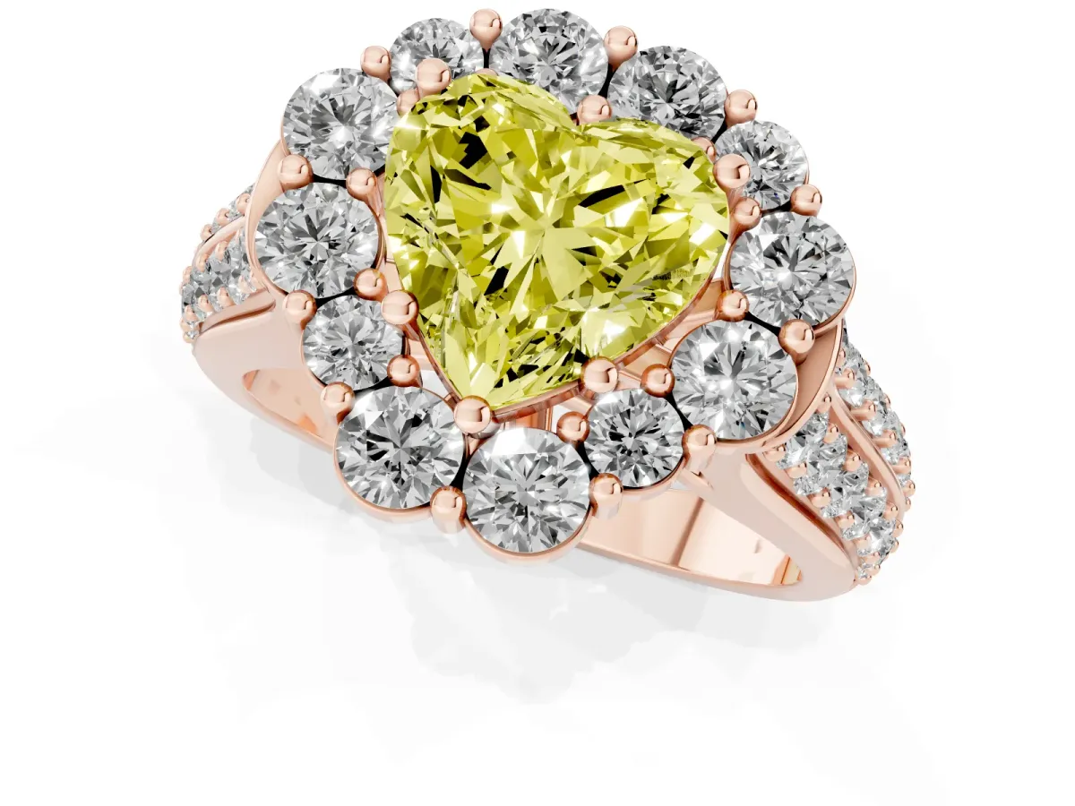 Fancy Yellow Heart Cut Halo Diamond Engagement Ring with Split Shank and Prong Setting Rose gold