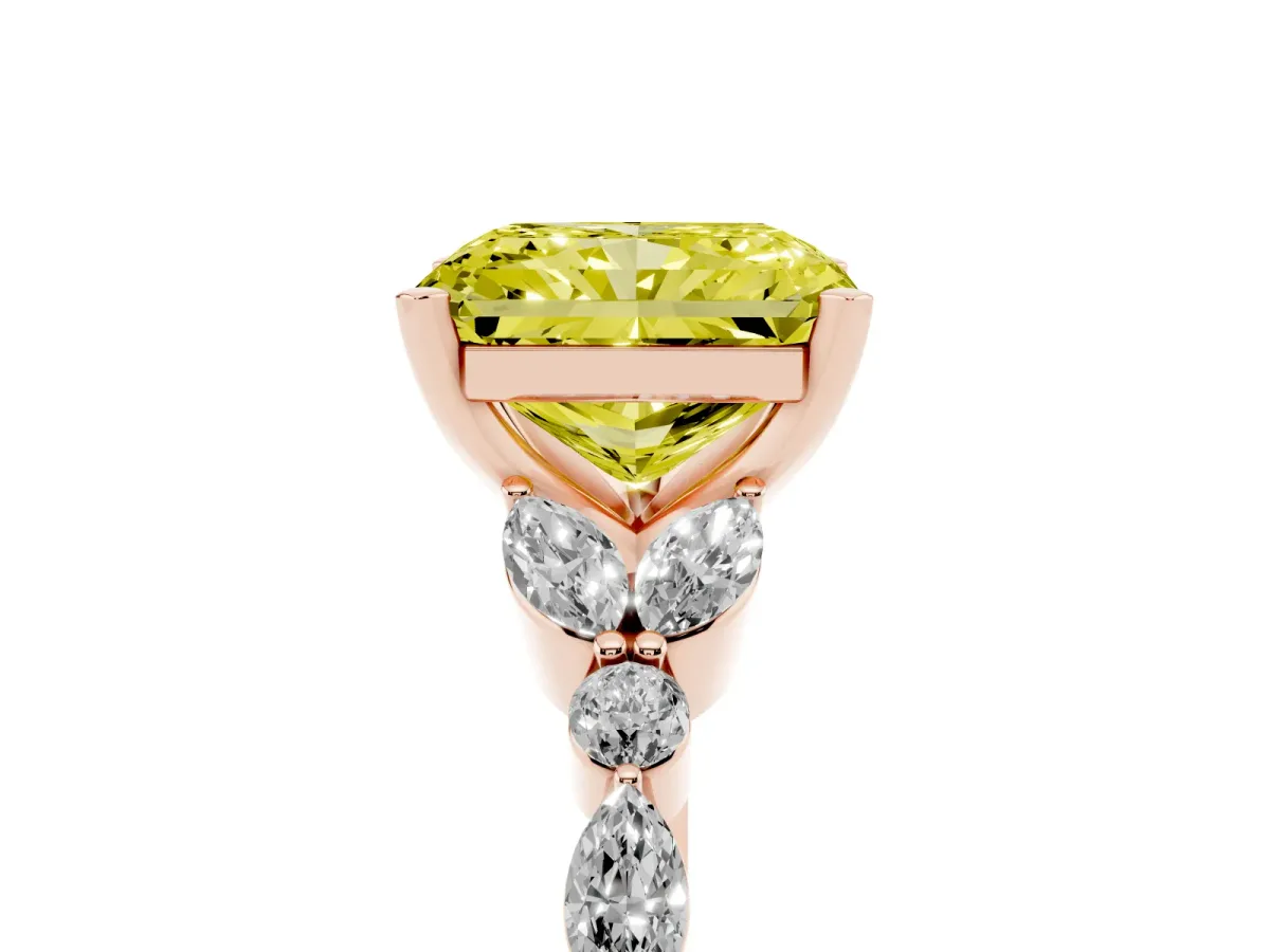 Fancy Yellow Radiant Cut Diamond Solitaire Ring with Side Stones and Four-Prong Setting Rose gold