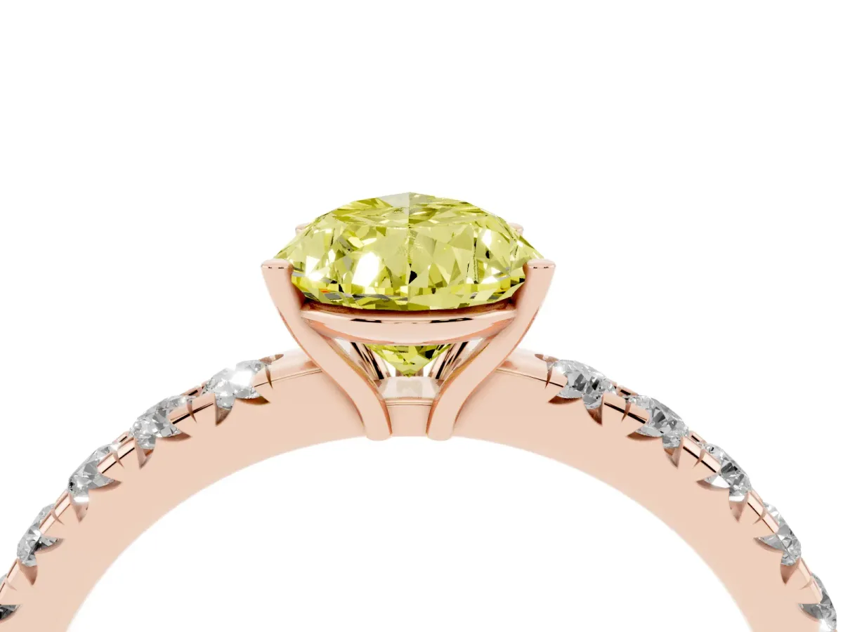 Fancy Yellow Pear Cut Diamond Pavé Solitaire Engagement Ring with Four-Prong Setting Rose gold