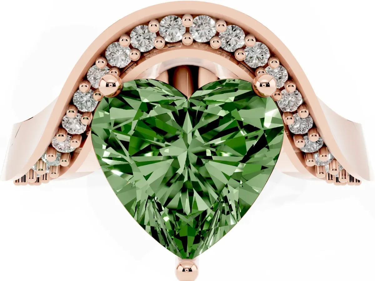 Fancy Green Heart Cut Solitaire Diamond Engagement Ring with Pave Band and Four-Prong Setting Rose gold