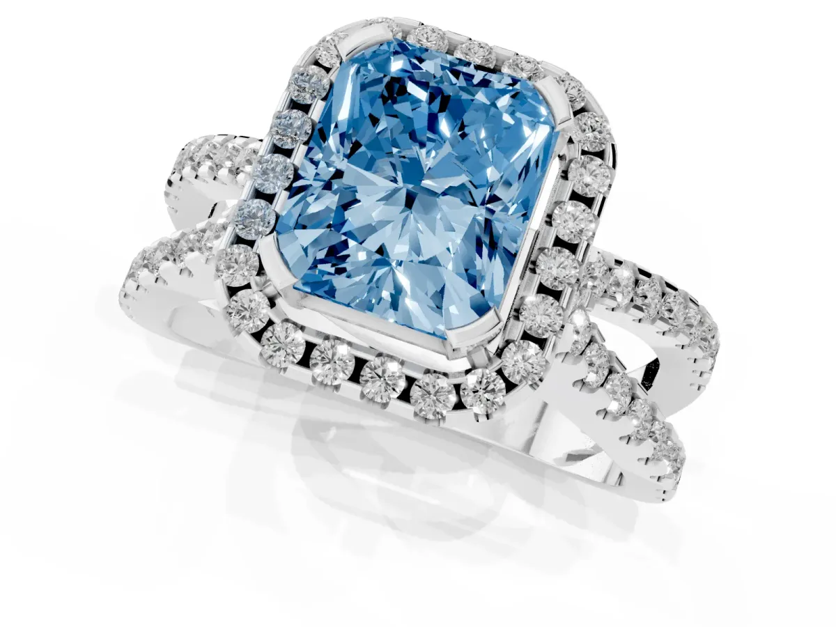 Fancy Blue Radiant Cut Diamond Halo Ring with Split Shank Pavé Band and Prong Setting Platinum