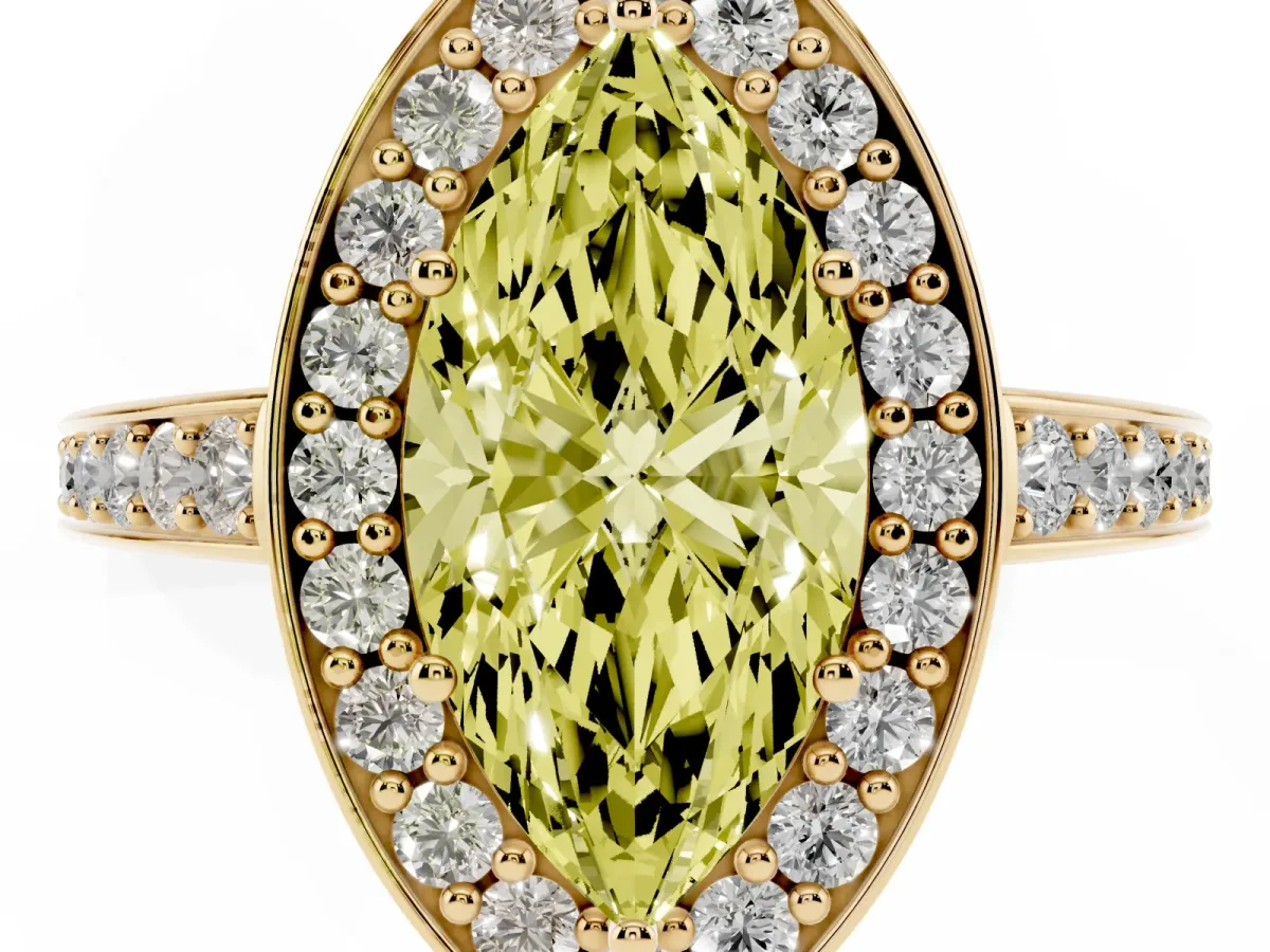 Fancy Yellow Marquise Cut Halo Pavé Diamond Engagement Ring with Bezel Setting Yellow gold