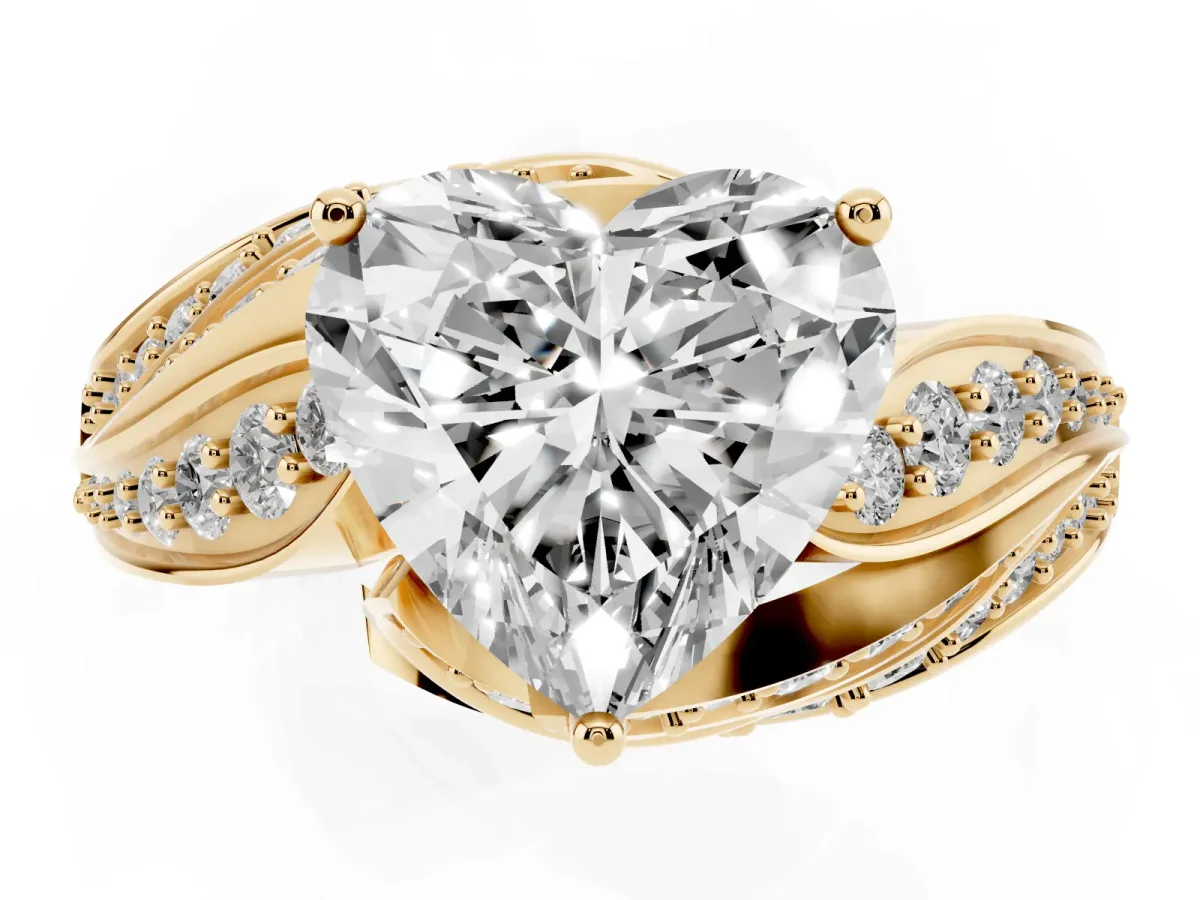 Heart Cut Diamond Solitaire Ring with Prong Setting and Twisted Pavé Band Yellow gold