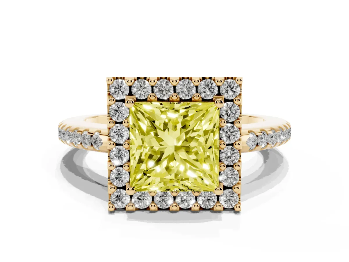 Fancy Yellow Princess Cut Diamond Pavé Halo Ring with Four-Prong Setting Yellow gold