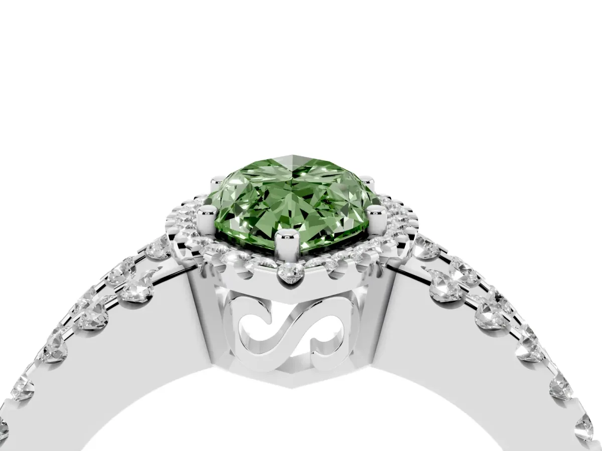 Fancy Green Marquise Cut Cut Halo Split Shank Diamond Ring with Four-Prong Setting Platinum
