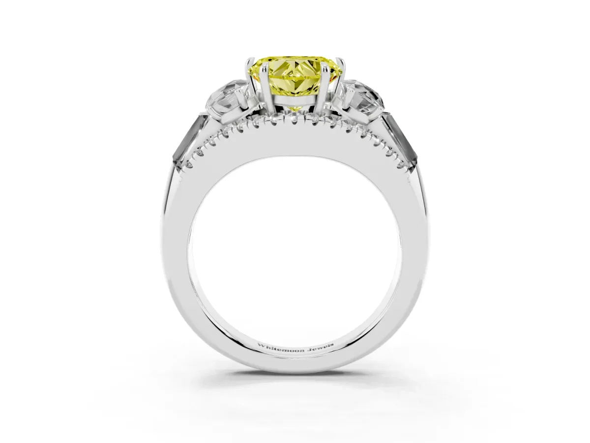 Fancy Yellow Three-Stone Heart Cut Diamond Engagement Ring with Pave Band and Prong Setting Silver
