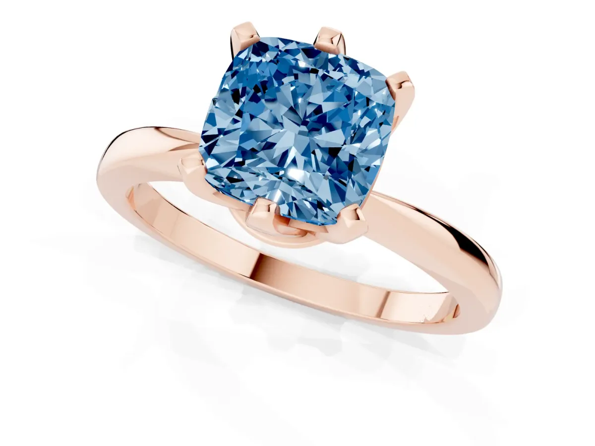 Fancy Blue Cushion Cut Solitaire Engagement Ring with Six-Prong Setting and Tapered Band Rose gold