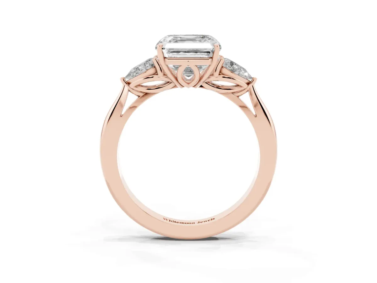 Asscher Cut Diamond Three-Stone Ring with Pear Side Stones and Prong Setting Rose gold