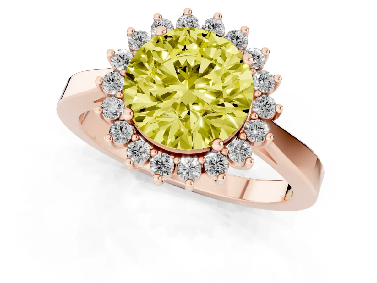 Fancy Yellow Round Cut Cut Diamond Halo Ring with Round Brilliant Halo and Solitaire Band Rose gold
