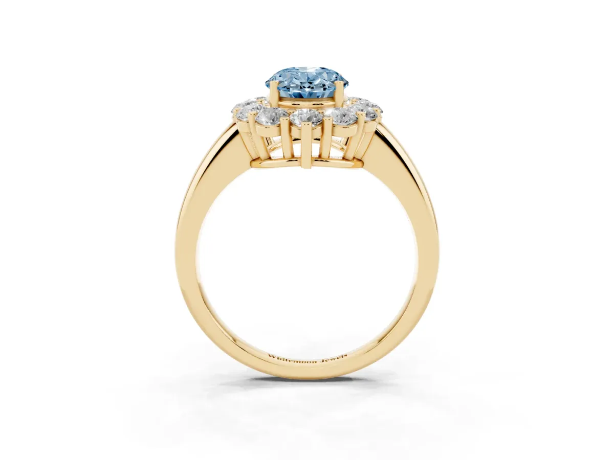 Fancy Blue Oval Cut Halo Cluster Diamond Engagement Ring with Prong Setting and Polished Band Yellow gold