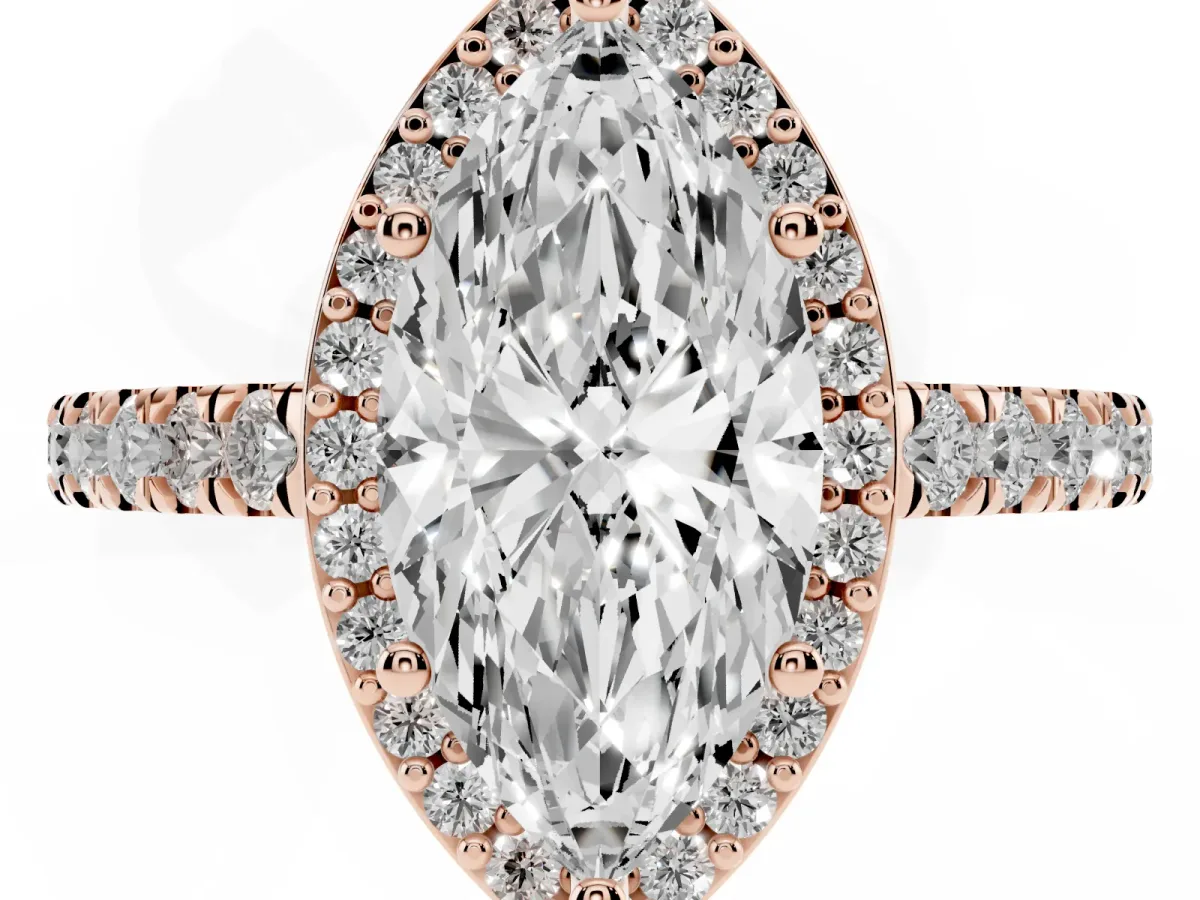 Marquise Cut Cut Halo Diamond Engagement Ring with Pave Band and Four-Prong Setting Rose gold