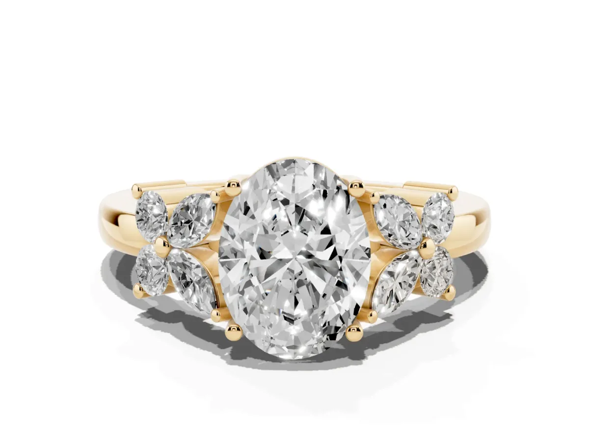 Oval Cut Diamond Floral Cluster Ring with Solitaire Band and Prong Setting Yellow gold