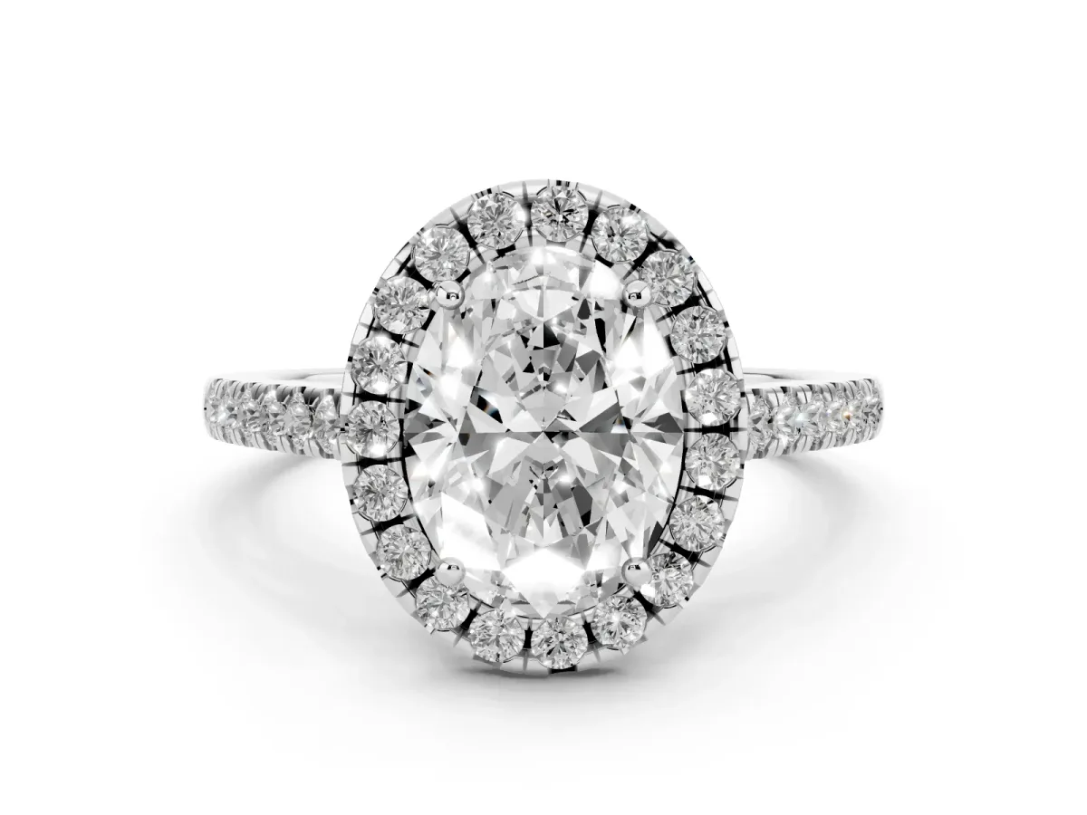 Oval Cut Halo Pavé Diamond Engagement Ring with Four-Prong Setting Platinum