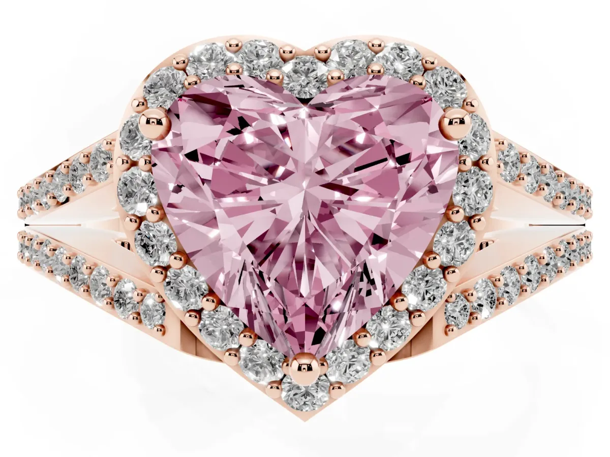 Fancy Pink Heart Cut Halo Split Shank Diamond Ring with Prong Setting Rose gold