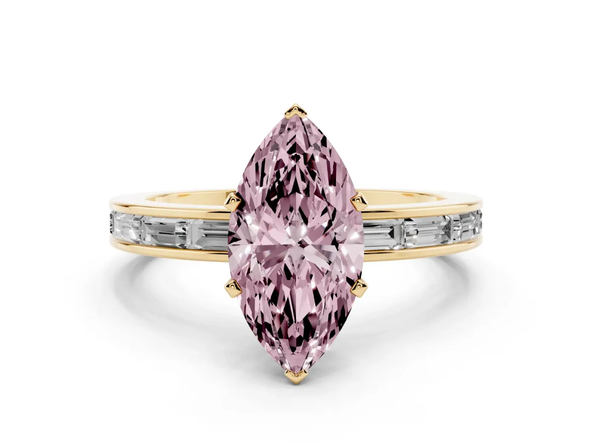 Fancy Pink Marquise Cut Solitaire Diamond Ring with Channel-Set Baguette Band and Four-Prong Setting Yellow gold