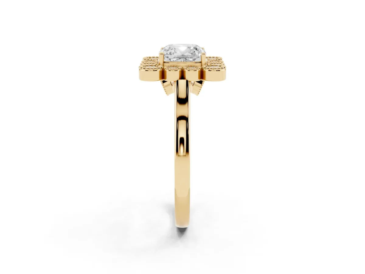 Cushion Cut Halo Diamond Cluster Engagement Ring with Milgrain Bezel Setting and Solitaire Band Yellow gold