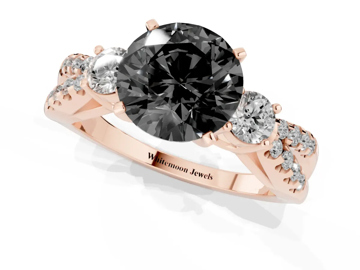 Fancy Black Round Cut Diamond Three-Stone Ring with Pavé Split Shank and Four-Prong Setting Rose gold