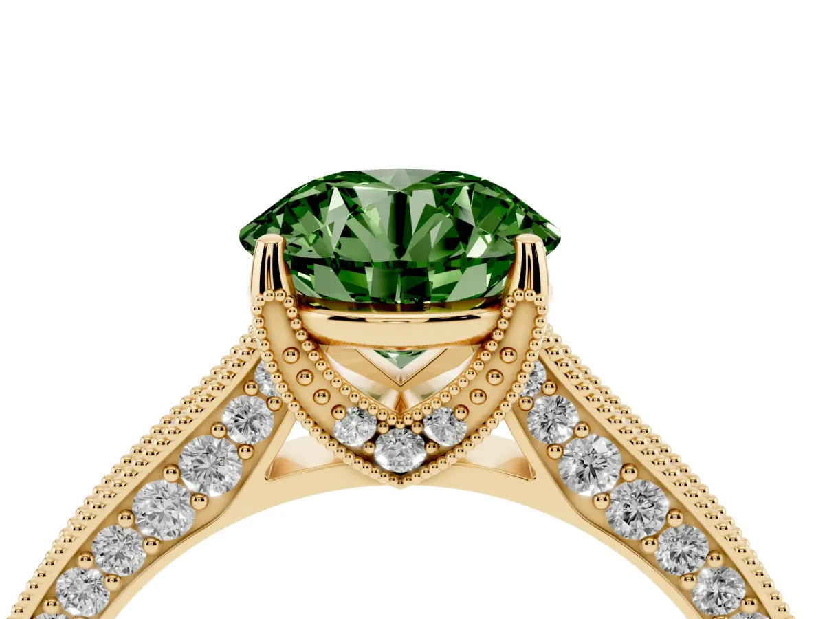 Fancy Green Round Cut Cut Diamond Solitaire Ring with Milgrain Pave Band and Four Prong Setting Yellow gold