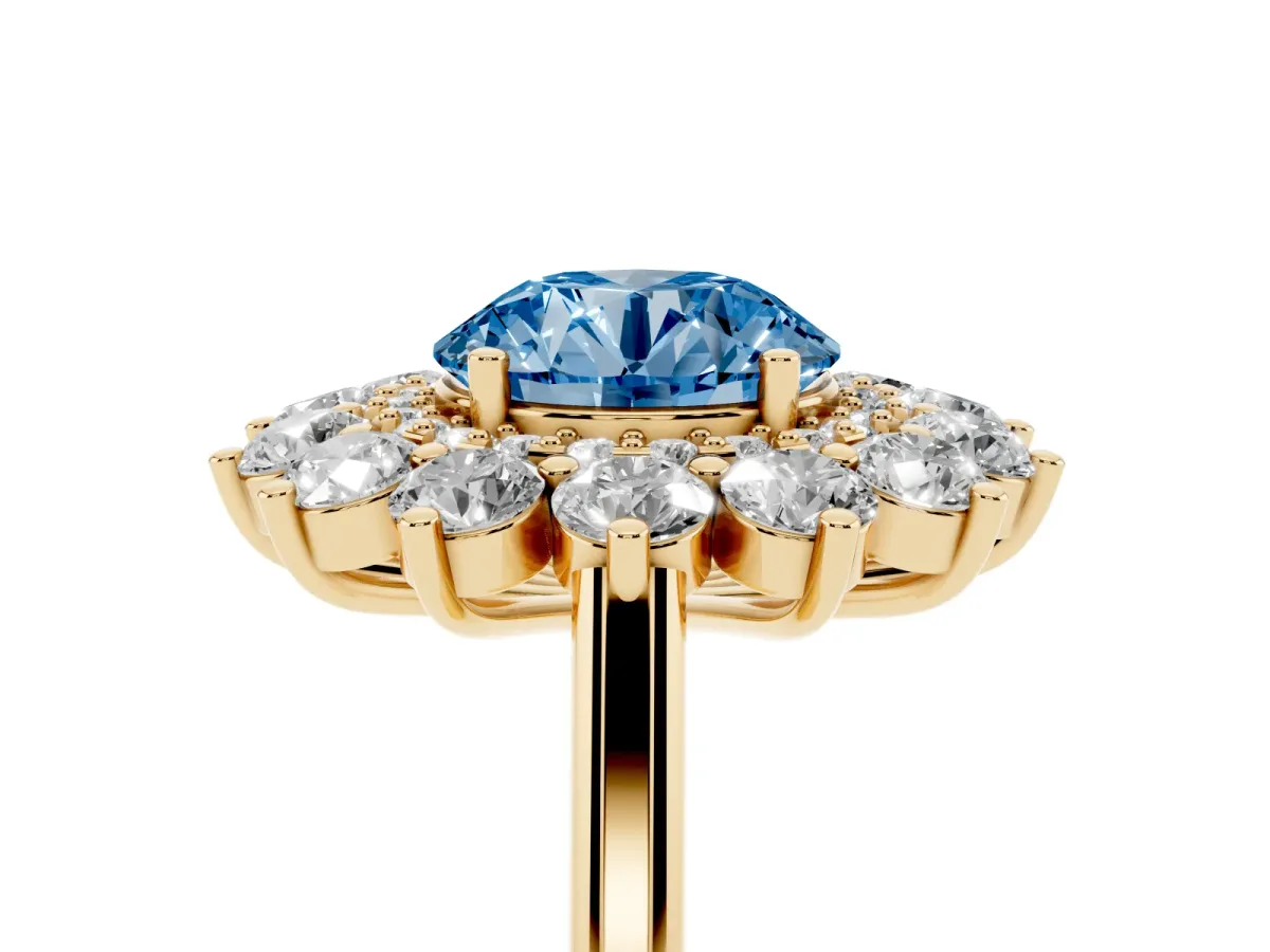 Fancy Blue Round Cut Diamond Floral Double Halo Engagement Ring with Prong Setting Yellow gold