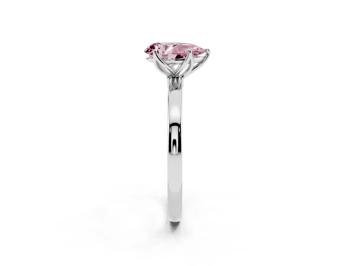 Fancy Pink Pear Cut Diamond Solitaire Ring with Thin Band and Prong Setting Silver