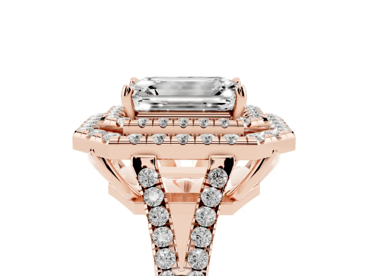 Emerald Cut Diamond Double Halo Ring with Pavé Band and Prong Setting Rose gold