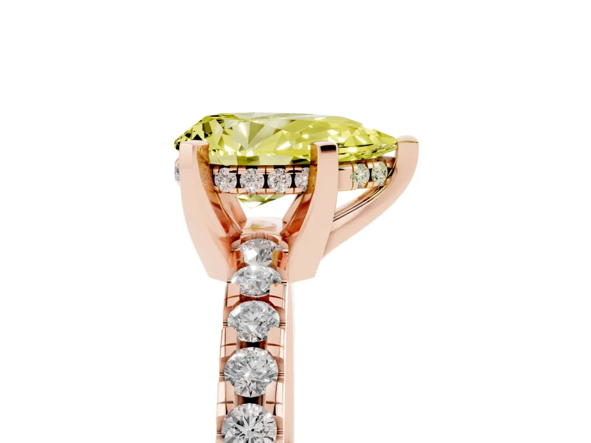 Fancy Yellow Pear Cut Diamond Solitaire Ring with Round Pavé Band and Four-Prong Setting Rose gold