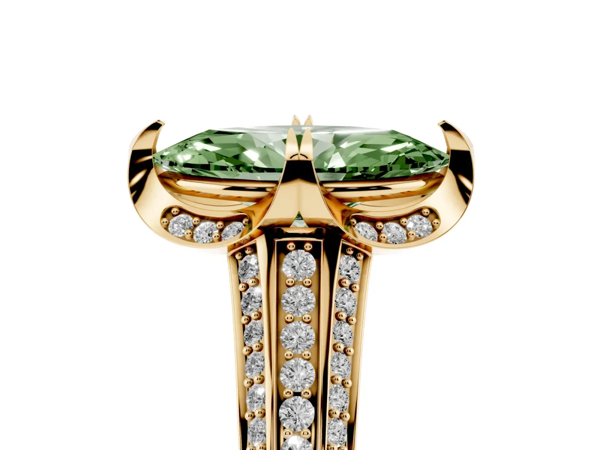 Fancy Green Marquise Cut Solitaire Pave Split Shank Ring with Four-Prong Setting Yellow gold