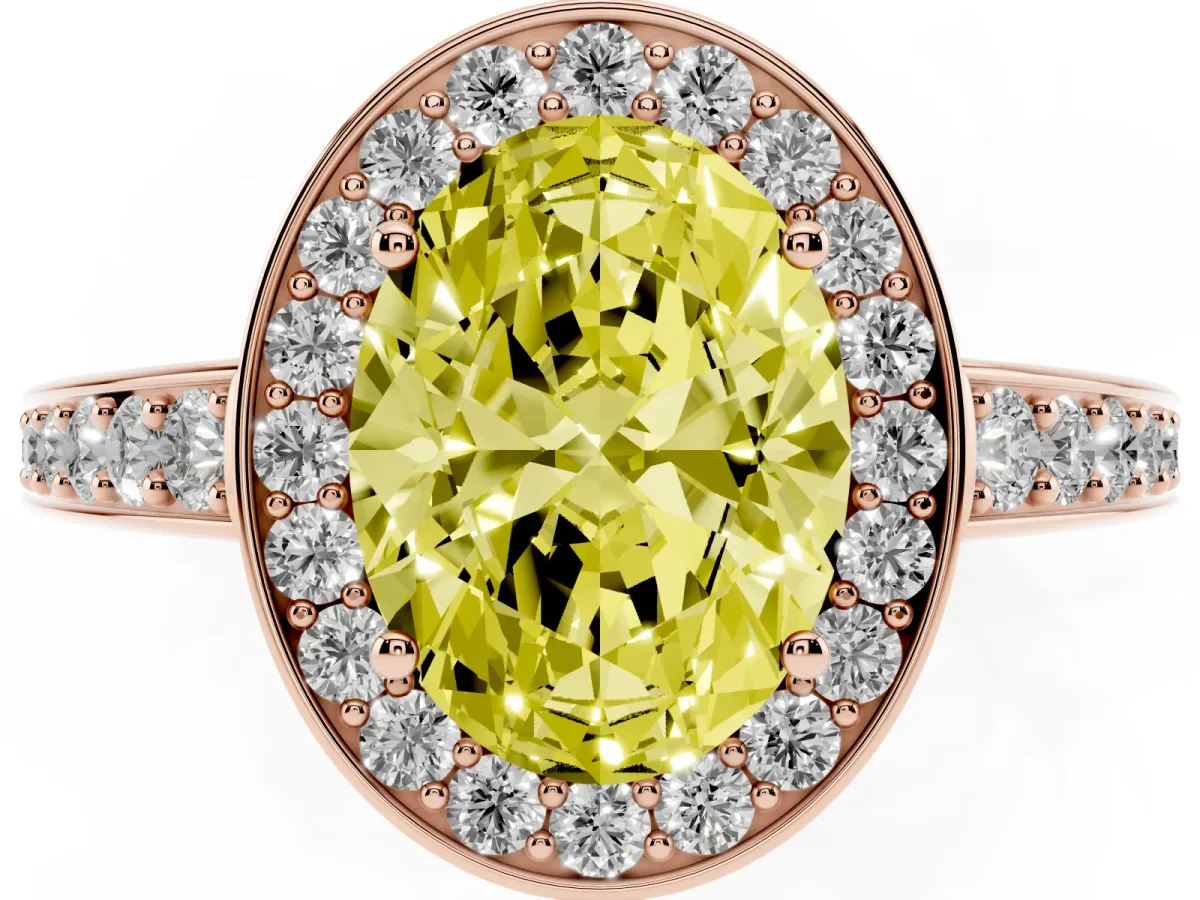 Fancy Yellow Oval Cut Halo Pavé Diamond Engagement Ring with Bezel Setting Rose gold