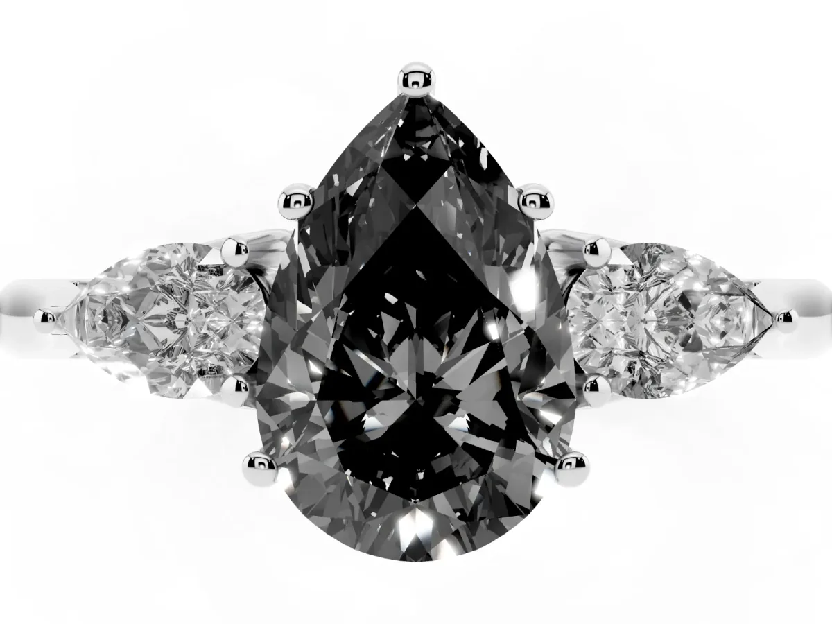 Fancy Black Three-Stone Pear Cut Brilliant Diamond Solitaire Ring with Tapered Band and Four-Prong Setting Platinum