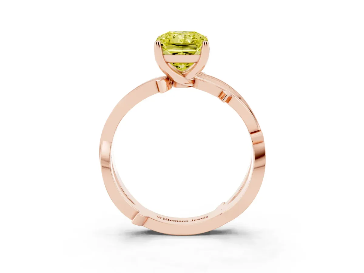 Fancy Yellow Radiant Cut Solitaire Twist Band with Pavé Accents and Four-Prong Setting Rose gold