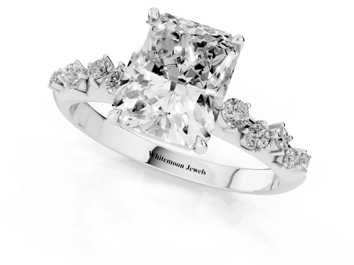 Radiant Cut Diamond Cluster Side Stone Solitaire Ring with Prong Setting Silver