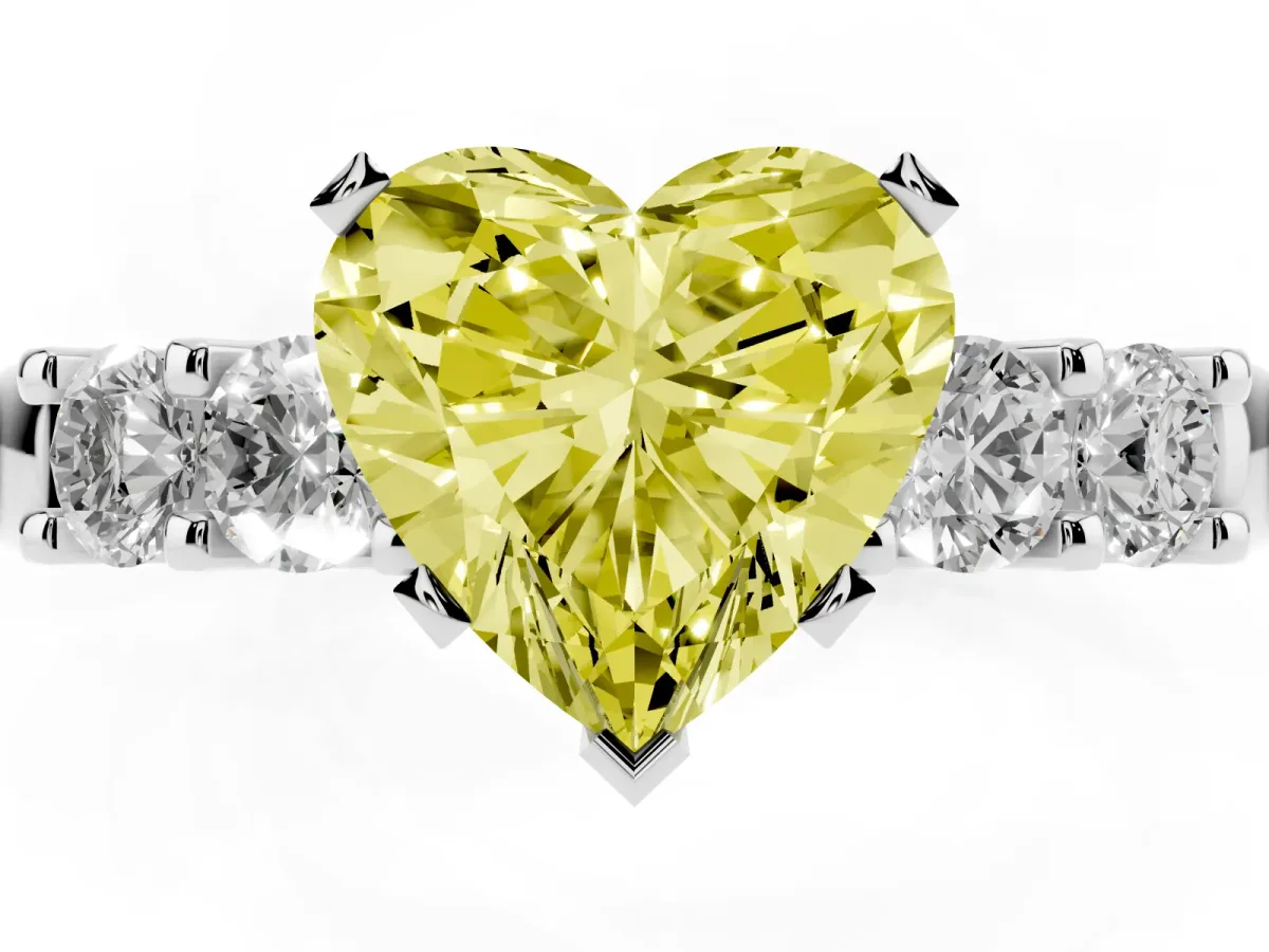 Fancy Yellow Heart Cut Brilliant Cut Diamond Five-Stone Prong Set Engagement Ring with Channel Band White gold