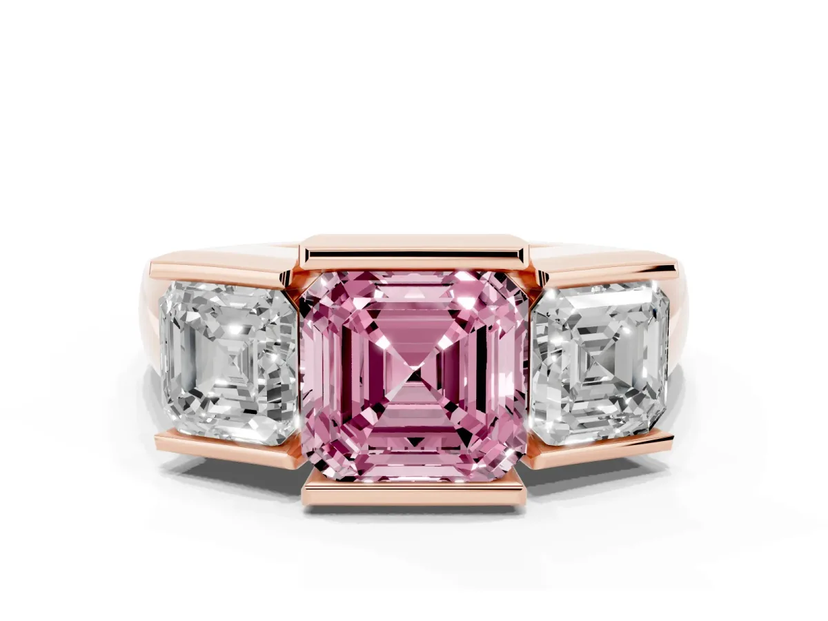 Fancy Pink Three Stone Asscher Cut Cut Channel Set Diamond Ring Rose gold