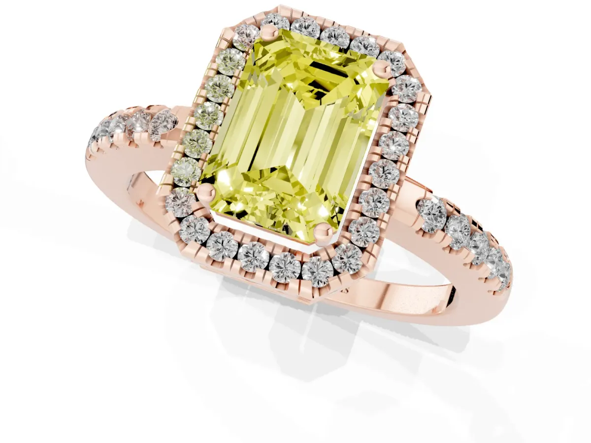 Fancy Yellow Emerald Cut Halo Diamond Engagement Ring with Pavé Band and Four-Prong Setting Rose gold