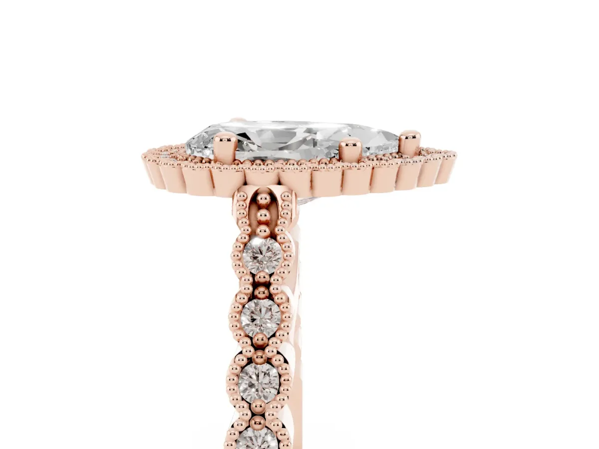 Pear Cut Cut Halo Pavé Solitaire Ring with Milgrain Band Rose gold