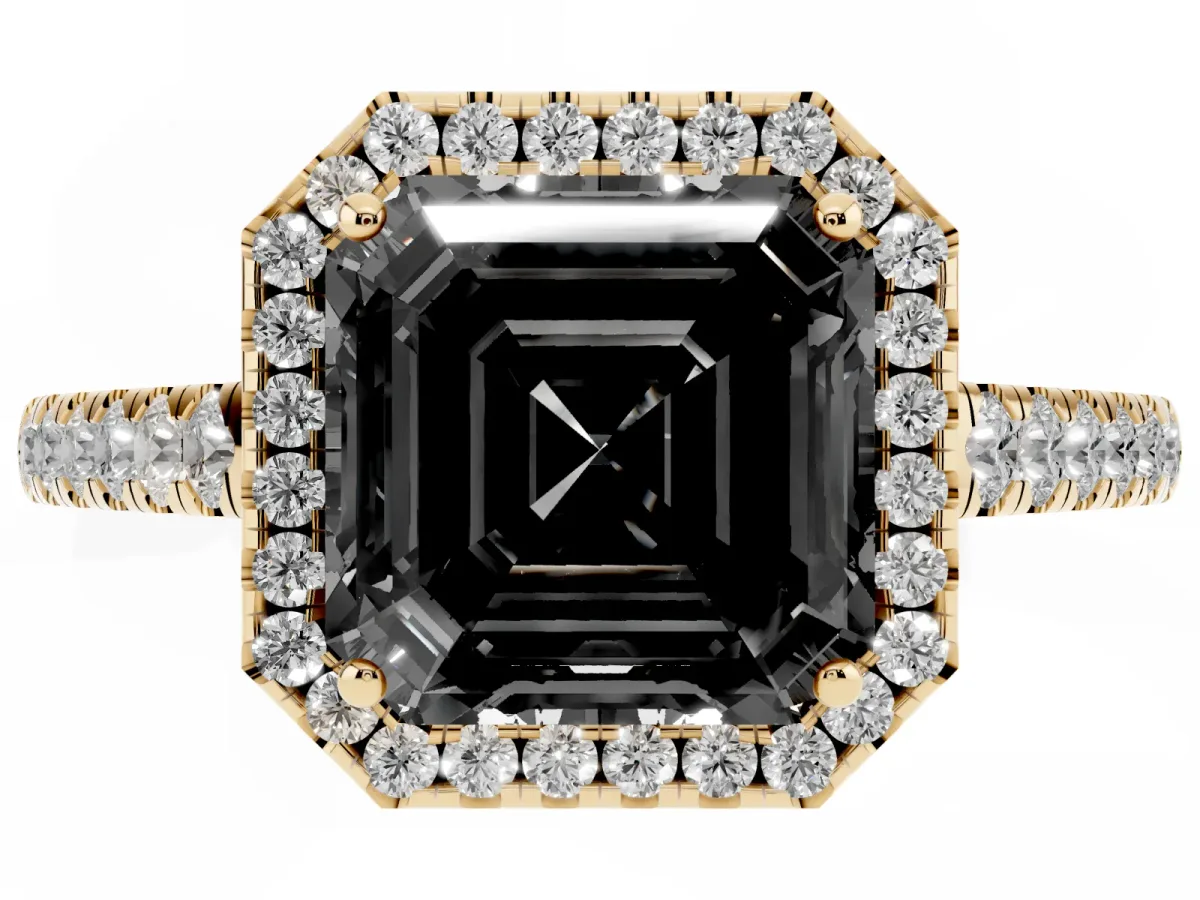 Fancy Black Asscher Cut Halo Pave Diamond Engagement Ring with Four-Prong Setting Yellow gold