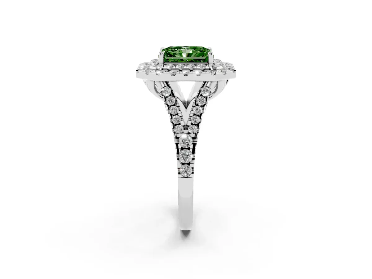 Fancy Green Double Halo Radiant Cut Diamond Pavé Split Shank Ring with Prong Setting Silver