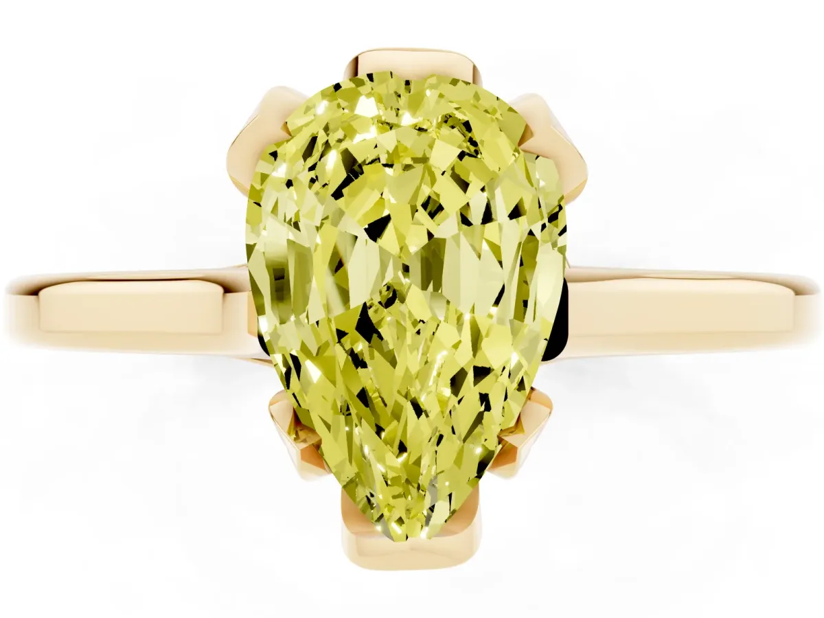 Fancy Yellow Pear Cut Diamond Solitaire Ring with Flower Prong Setting and Classic Band Yellow gold