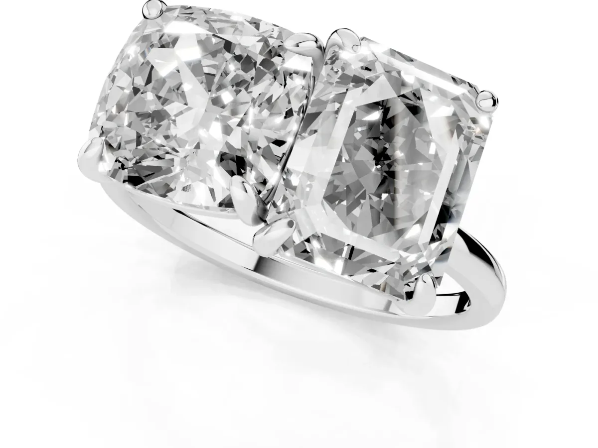 Cushion and Emerald Toi Moi Ring with Prong Setting and Plain Band Silver