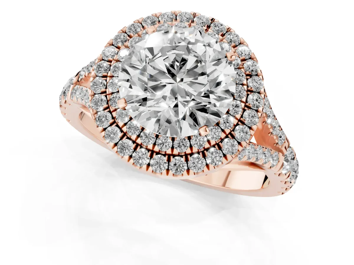 Double Halo Round Cut Diamond Split Shank Engagement Ring with Four-Prong Setting Rose gold