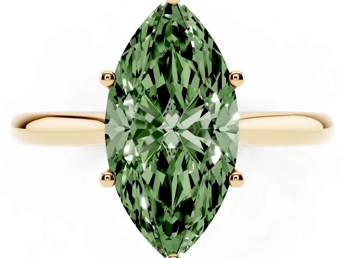 Fancy Green Marquise Cut Cut Solitaire Ring with Cathedral Band and Four-Prong Setting Yellow gold