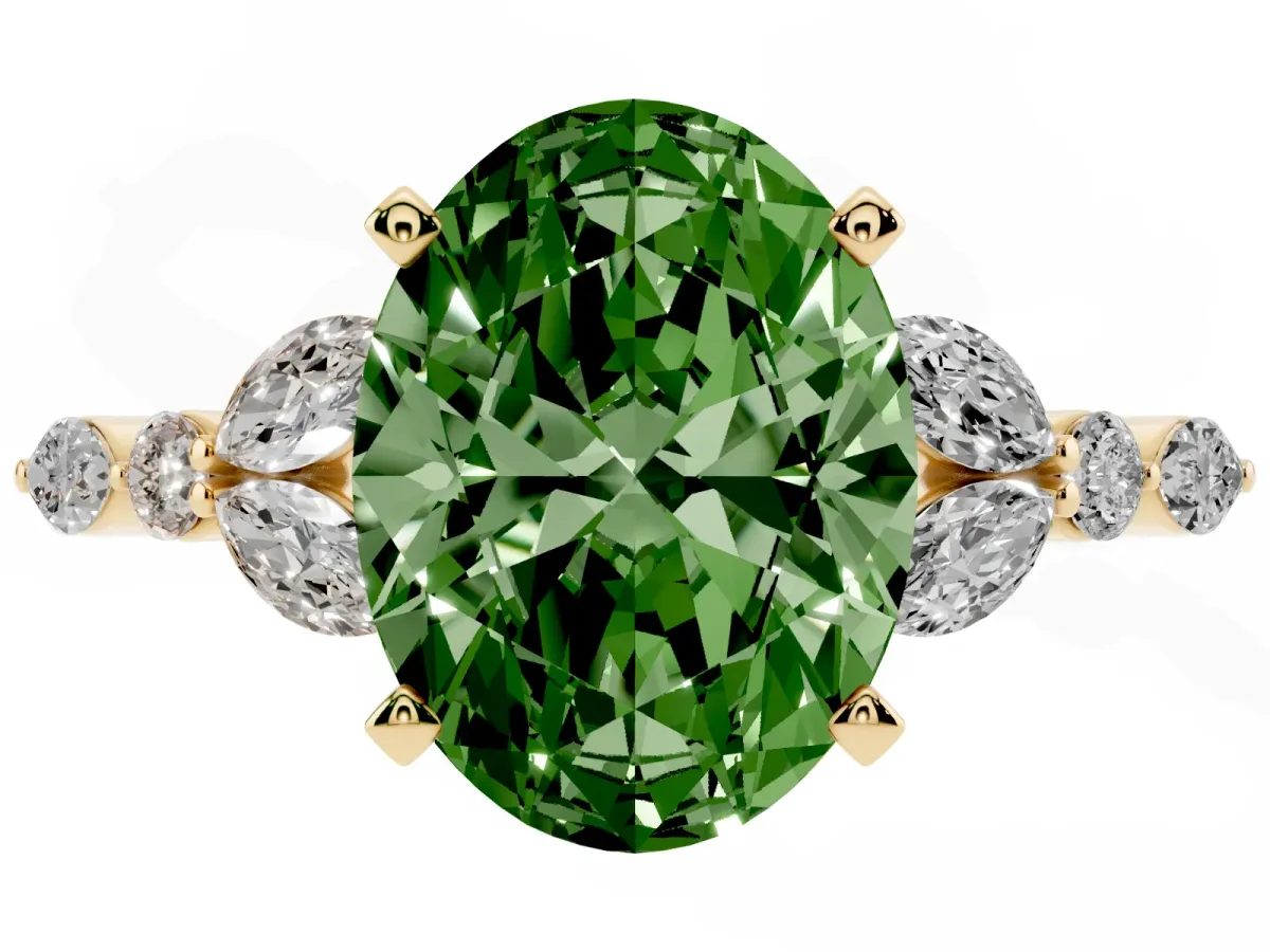 Fancy Green Oval Cut Diamond Solitaire Ring with Side Stones and Four-Prong Setting Yellow gold