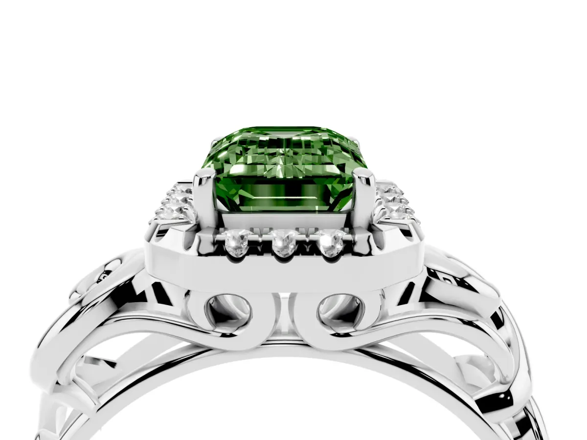 Fancy Green Emerald Cut Cut Halo Diamond Ring with Scrollwork Band and Four-Prong Setting Silver