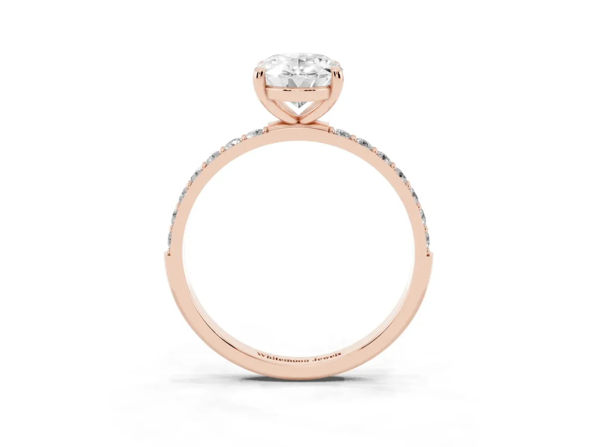 Oval Cut Diamond Solitaire Ring with Round Pavé Band and Prong Setting Rose gold
